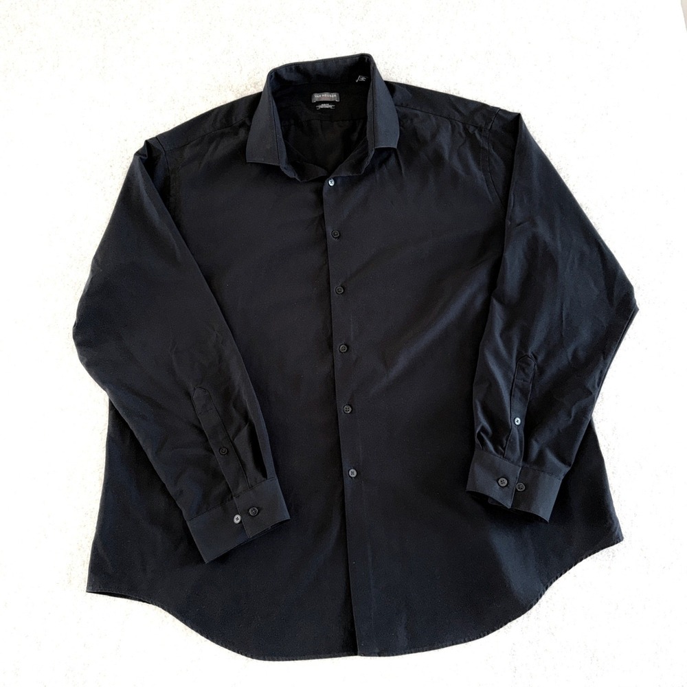 Van Heusen Traveler Mens 2XL‎ Slim Fit 4-Way Stretch Dress Shirt Black Button Up